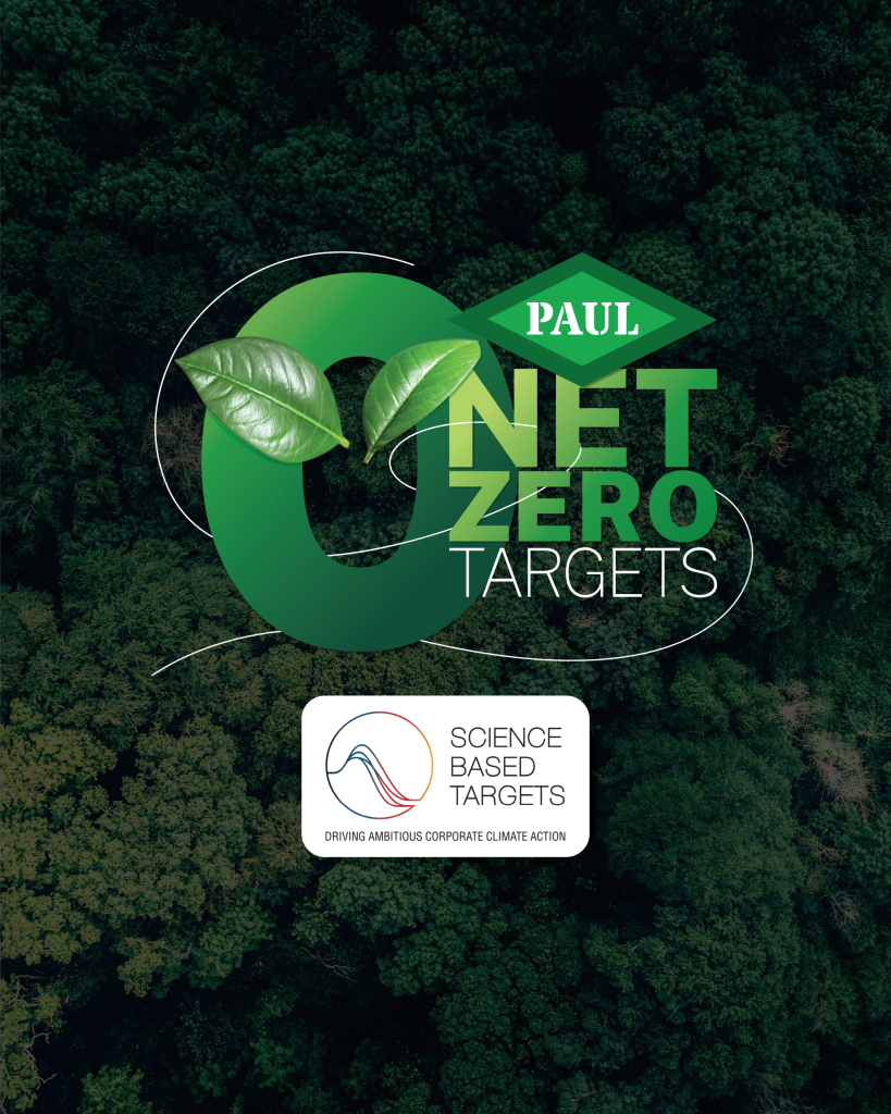 Graphic announcement by John Paul Construction against a dense, aerial background of green forest trees. In the center, a large gradient green number zero features two fresh green leaves resting in the middle. The John Paul Construction "PAUL" diamond logo sits just above bold text reading "NET ZERO TARGETS". Centered below is the official white corporate badge for the "Science Based Targets initiative" containing their wave graphic and the text "Science Based Targets - Driving Ambitious Corporate Climate Action".